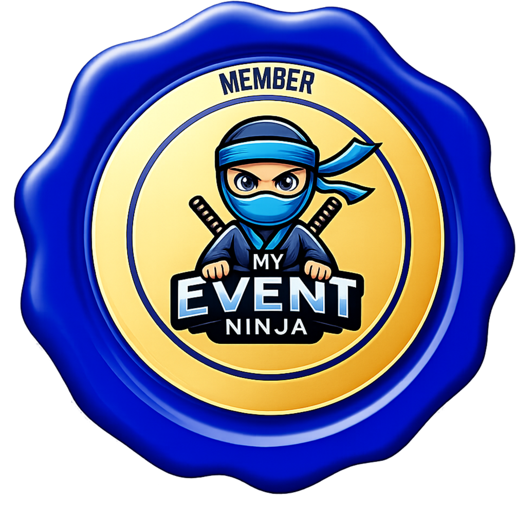 A circular badge with a blue rim featuring a cartoon ninja character, holding two swords, and the text 'MY EVENT NINJA' at the center, labeled 'MEMBER' at the top.