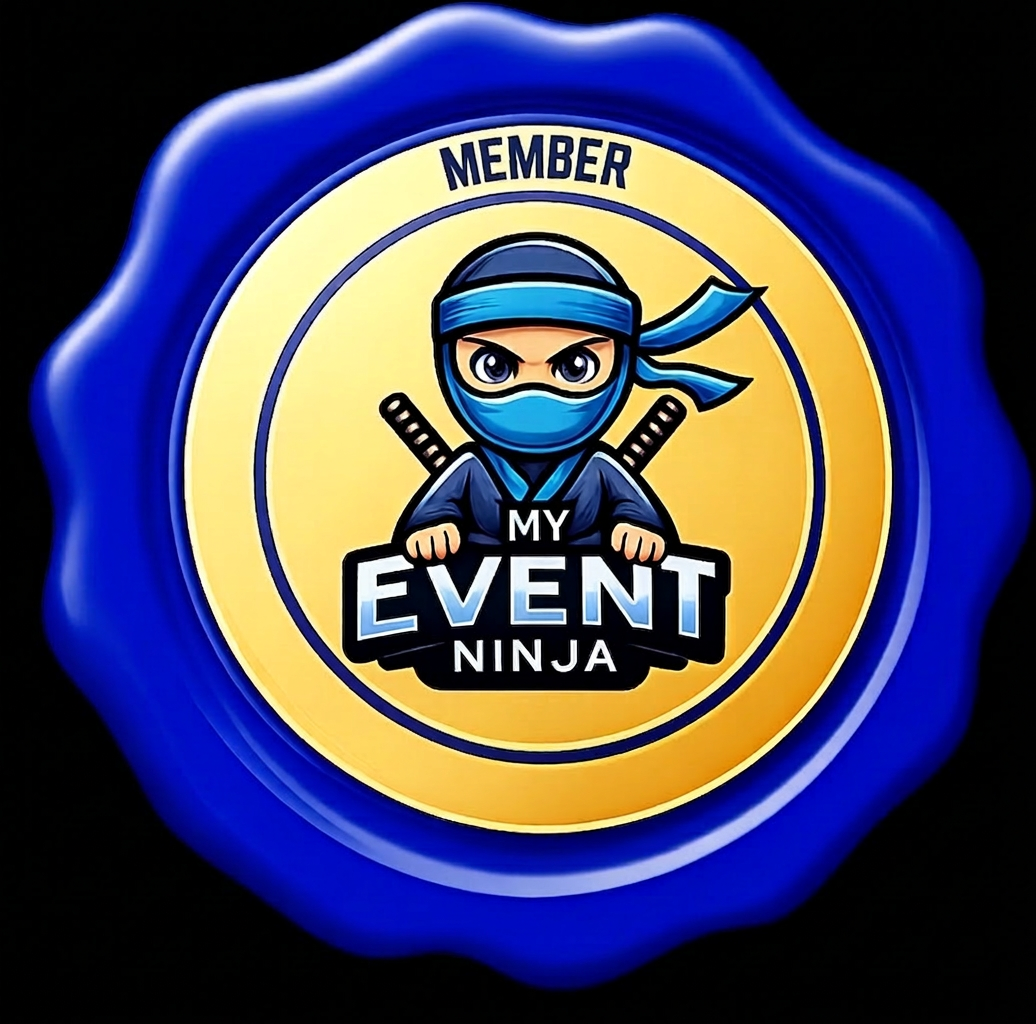 Logo featuring a ninja character holding weapons, with the text 'MY EVENT NINJA' and 'MEMBER' in a circular badge design with blue and gold colors.