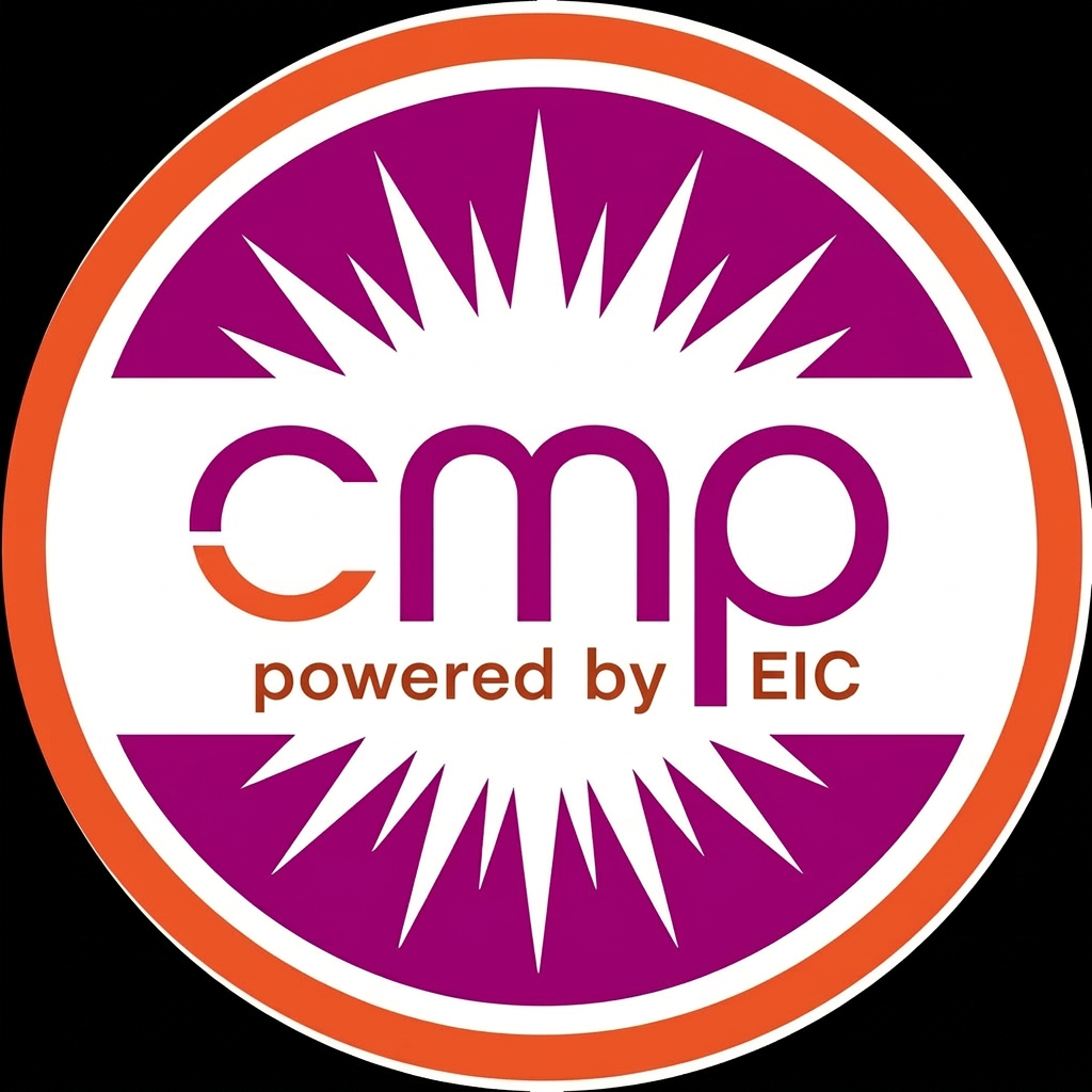 Logo featuring the text 'cmp' in purple with a sunburst design, accompanied by the phrase 'powered by EIC' in orange.